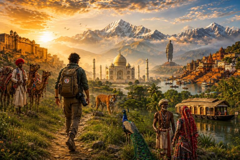 Traveler exploring India with the Taj Mahal, the Himalayas, wildlife, cultures, and iconic landmarks.