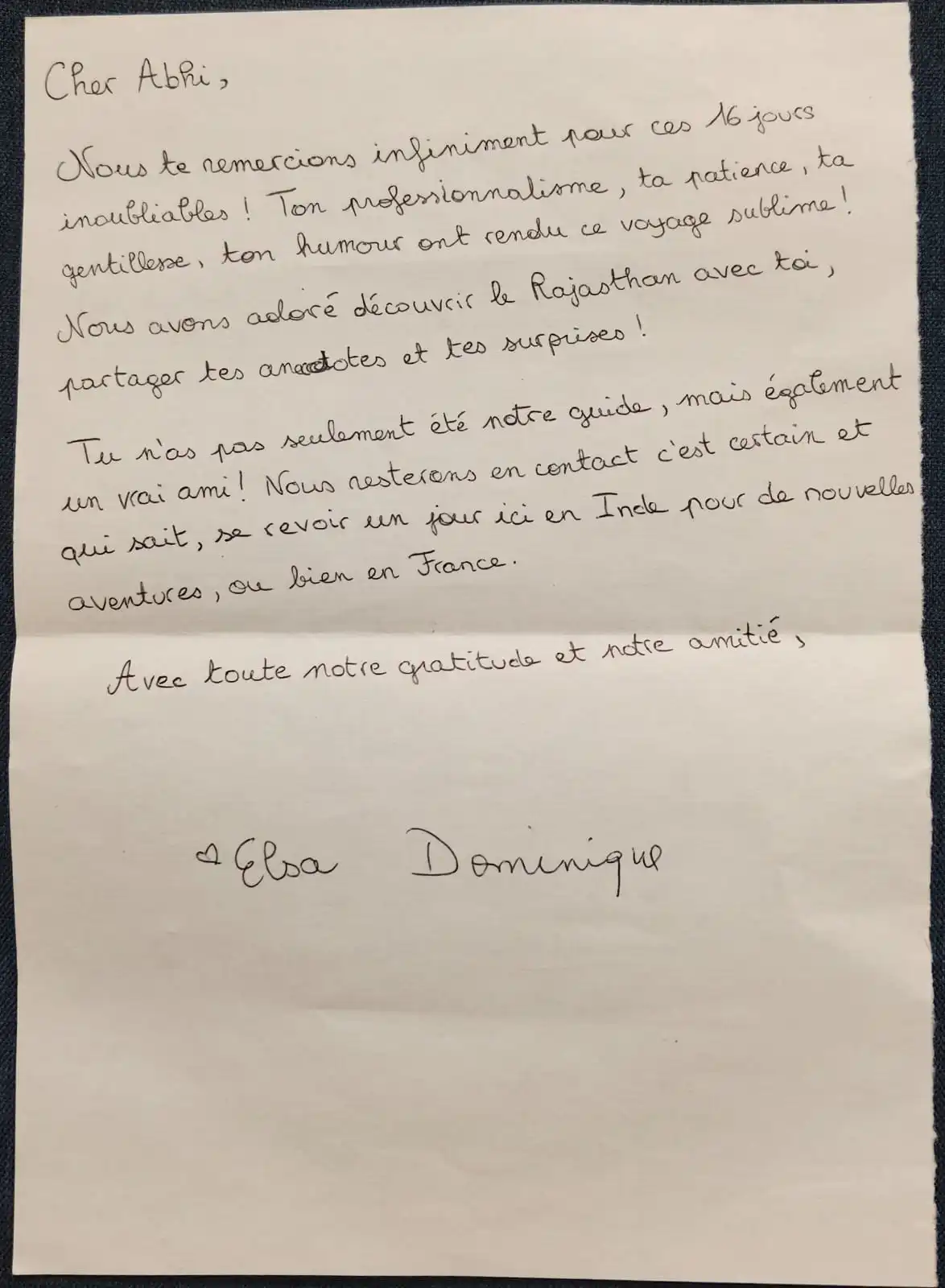 Lettre manuscrite d’Elsa Capristo