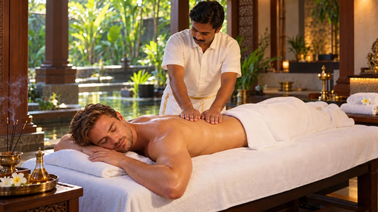 Massage ayurvédique au Kerala avec une thérapeute et un voyageur